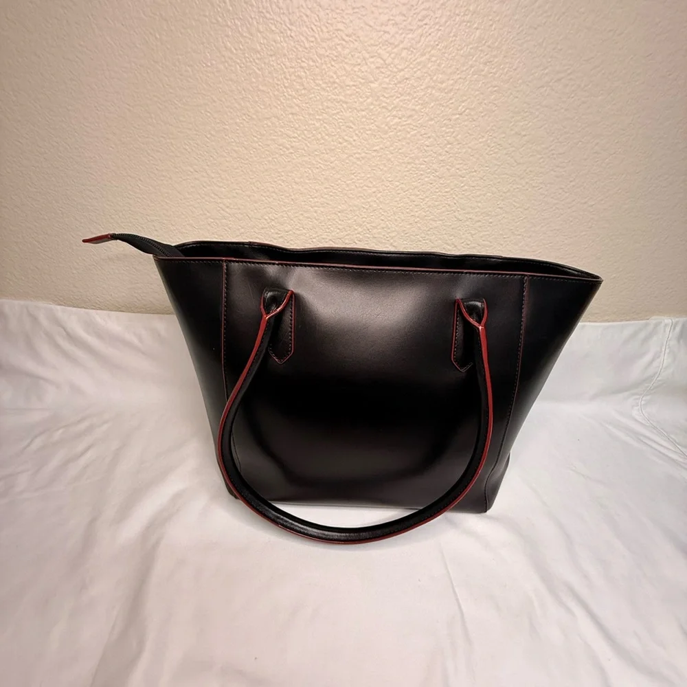 Lodis Black Red Edging Genuine Leather Large Tablet Tote Bag RFID & Cosmetic Bag